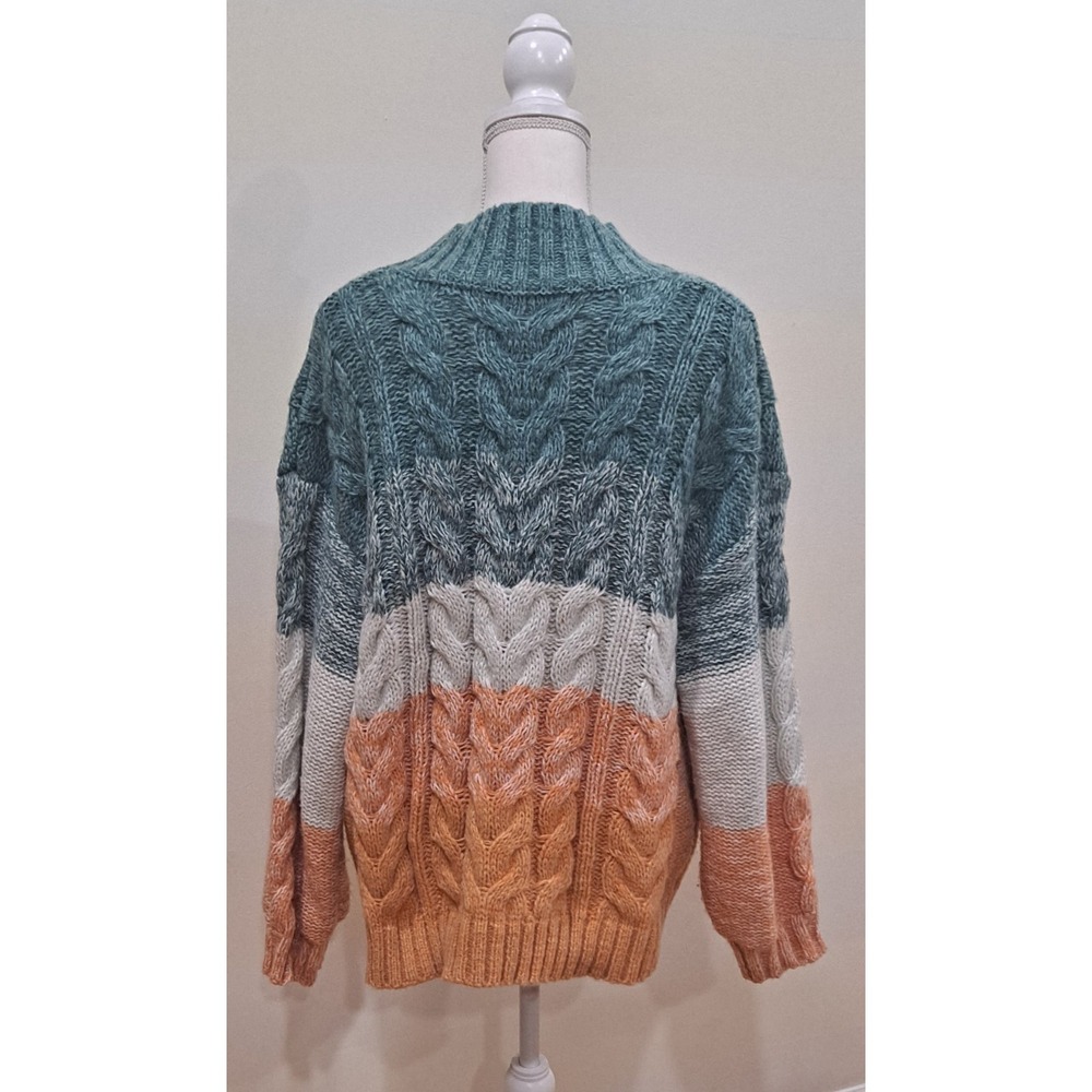 M Altar'D State Nikki Chucky Pullover Sweater Cable Knit Green Orange Stripe - Picture 4 of 7